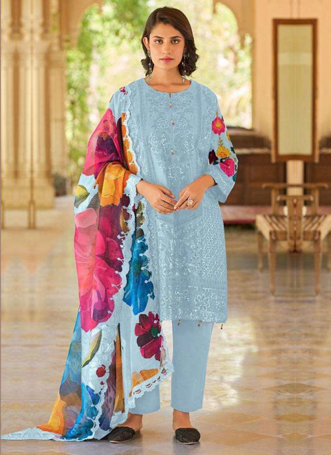 Cotton Sky Blue Eid Wear Embroidery Work Readymade Pakistani Suit